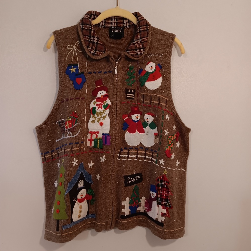 Studio Joy Ugly Christmas Vest Snowman Santa Reindeer‎ Sleigh 1X Sweater
